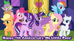 Size: 1920x1080 | Tagged: safe, artist:btnf1998, derpibooru import, applejack, fluttershy, pinkie pie, rainbow dash, rarity, spike, starlight glimmer, twilight sparkle, twilight sparkle (alicorn), alicorn, dragon, earth pony, pony, 11th anniversary, anniversary, happy birthday, happy birthday mlp:fim, mane eight, mlp fim's eleventh anniversary, tribute, winged spike, wings