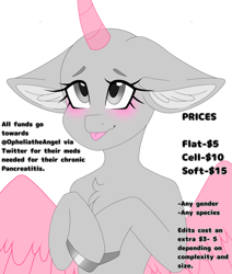 Size: 1635x1932 | Tagged: safe, artist:melodytheartpony, derpibooru import, oc, oc only, any gender, any race, any species, blushing, commission, curved horn, cute, fundraiser, horn, puppy dog eyes, simple background, solo, white background, your character here