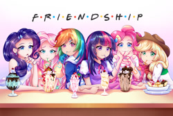 Size: 1280x854 | Tagged: safe, artist:autumn rush, derpibooru import, applejack, fluttershy, pinkie pie, rainbow dash, rarity, twilight sparkle, human, equestria girls, anime style, crossover, f.r.i.e.n.d.s, humane five, humane six, humanized, parody, smiling