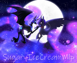 Size: 3000x2460 | Tagged: safe, artist:sugaryicecreammlp, derpibooru import, nightmare moon, oc, oc:gambit, alicorn, pegasus, pony, collar, cross, curved horn, ethereal mane, ethereal tail, female, flying, helmet, horn, jewelry, looking at each other, mare, moon, necklace, night, stars, wings