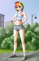 Size: 2000x3100 | Tagged: safe, artist:awalex, derpibooru import, rainbow dash, human, belly button, clothes, cutie mark on human, hand on hip, humanized, looking at you, open mouth, shoes, sleeveless, solo