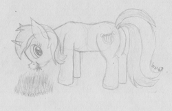 Size: 2674x1736 | Tagged: safe, artist:wapamario63, lyra heartstrings, pony, unicorn, butt, eating, female, grass, grazing, horses doing horse things, mare, monochrome, nom, plot, puffy cheeks, sketch, solo, traditional art