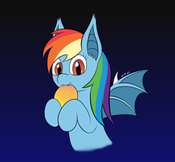 Size: 2960x2742 | Tagged: safe, artist:wapamario63, rainbow dash, bat pony, pony, bat ponified, bat wings, female, food, gradient background, half body, mango, mare, simple background, solo, ych result, your character here