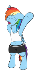 Size: 1271x2518 | Tagged: safe, artist:wapamario63, rainbow dash, pegasus, pony, armpits, belly button, bipedal, chest fluff, ears, eyes closed, female, flat colors, floppy ears, mare, pants, simple background, solo, stretching, sweat, tanktop, transparent background, wings