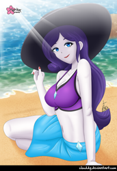 Size: 684x1000 | Tagged: safe, artist:clouddg, derpibooru import, rarity, better together, equestria girls, forgotten friendship, beach, belly button, breasts, cleavage, clothes, raritits, smiling, swimsuit