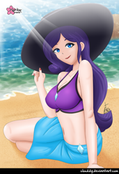 Size: 684x1000 | Tagged: safe, alternate version, artist:clouddg, derpibooru import, rarity, better together, equestria girls, forgotten friendship, beach, belly button, breasts, cleavage, clothes, raritits, smiling, swimsuit