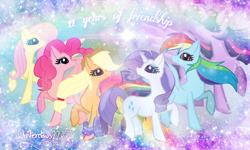 Size: 1106x665 | Tagged: safe, artist:winterclaws22, derpibooru import, applejack, fluttershy, pinkie pie, rainbow dash, rarity, twilight sparkle, twilight sparkle (alicorn), alicorn, earth pony, pegasus, pony, unicorn, happy birthday mlp:fim, lens flare, mane six, mlp fim's eleventh anniversary