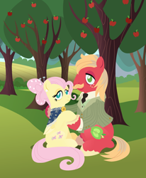 Size: 2880x3500 | Tagged: safe, anonymous artist, derpibooru import, big macintosh, fluttershy, earth pony, pegasus, pony, series:fm holidays, alternate hairstyle, apple, apple orchard, apple tree, clothes, ear piercing, earring, facial hair, female, fluttermac, holding hooves, jewelry, lineless, looking at you, male, mare, moustache, necktie, no pupils, older, older big macintosh, older fluttershy, orchard, piercing, shawl, shipping, sitting, stallion, straight, suit, sweet apple acres, tree