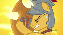 Size: 1280x720 | Tagged: safe, derpibooru import, screencap, flash magnus, pegasus, pony, discovery family logo, eyes closed, fire, gritted teeth, hero, male, shield, stallion, struggling, sweat, sweatdrops