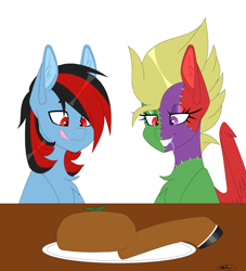Size: 1988x2187 | Tagged: safe, artist:melodytheartpony, derpibooru import, oc, deer, earth pony, pegasus, carnivore, deer leg, female, feral, frankenpony, hungry, male, old art, plate, pointy teeth, redo, redone art, stiches, table