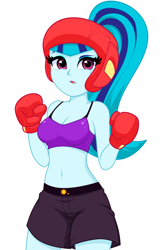 Size: 980x1501 | Tagged: safe, artist:rosemile mulberry, derpibooru import, sonata dusk, equestria girls, belly button, boxing, boxing gloves, breasts, cleavage, clothes, female, midriff, open mouth, ponytail, shorts, simple background, solo, sonata bust, sports, sports bra, white background