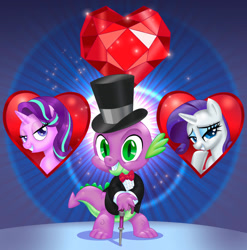 Size: 1280x1298 | Tagged: safe, artist:art-2u, derpibooru import, rarity, spike, starlight glimmer, bowtie, cane, choose your wife, clothes, female, hat, heart, male, shipping, sparity, sparlight, straight, top hat, tuxedo