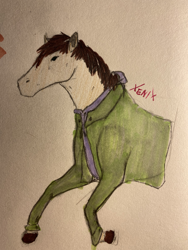 Size: 3024x4032 | Tagged: safe, artist:xenix, derpibooru import, oc, oc:cj vampire, earth pony, pony, bomber jacket, brown mane, clothes, fanart, galloping, glasses off, green eyes, hoers, hoodie, jacket, photo, purple hoodie, solo, traditional art