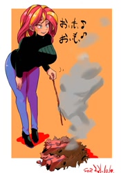 Size: 1400x2000 | Tagged: safe, artist:sozglitch, derpibooru import, sunset shimmer, human, big breasts, breasts, clothes, cooking, female, japanese, jeans, leaf pile, leaves, pants, smoke, solo, stick, sunset jiggler, sweater