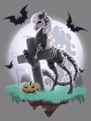 Size: 1950x2600 | Tagged: safe, artist:dementra369, derpibooru import, oc, oc only, oc:hara, monster pony, original species, pony, tatzlpony, bone, commission, graveyard, halloween, holiday, pumpkin, solo, ych result