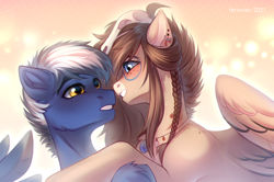 Size: 3200x2121 | Tagged: safe, artist:fenwaru, derpibooru import, oc, oc:maverick, oc:ondrea, oc:squall splitter, pegasus, about to kiss, blushing, cuddling, cute, eye contact, hold, looking at each other, looking into each others eyes, ship, skull, unshorn fetlocks