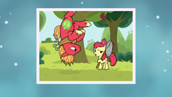 Size: 1136x640 | Tagged: safe, artist:sunsetshimmertrainz1, derpibooru import, apple bloom, big macintosh, earth pony, pony, going to seed, apple, apple tree, big macintosh is not amused, brother and sister, duo, female, filly, male, siblings, stallion, trap (device), tree, upside down