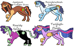 Size: 1269x817 | Tagged: safe, artist:kiaraxkovu27, derpibooru import, oc, oc only, alicorn, dracony, earth pony, hybrid, pegasus, pony, interspecies offspring, offspring, parent:applejack, parent:flash sentry, parent:rainbow dash, parent:rarity, parent:soarin', parent:spike, parent:trouble shoes, parent:twilight sparkle, parents:flashlight, parents:soarindash, parents:sparity, parents:troublejack, simple background, white background