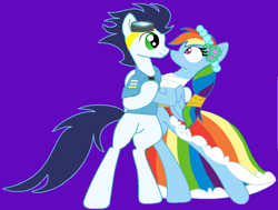 Size: 1000x757 | Tagged: safe, artist:celestia2590, derpibooru import, rainbow dash, soarin', bipedal, clothes, dancing, dress, female, gala dress, male, shipping, soarindash, straight, uniform, wonderbolts dress uniform