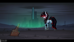 Size: 5093x2894 | Tagged: safe, artist:justafallingstar, derpibooru import, oc, oc only, oc:blackjack, cyborg, pony, unicorn, fallout equestria, fallout equestria: project horizons, augmented, butt, cloud, cyber legs, dock, fanfic art, female, hoofington, horn, level 1 (project horizons), looking back, mare, plot, prosthetic leg, prosthetic limb, prosthetics, scenery, sky, solo, tail, wasteland