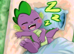 Size: 970x715 | Tagged: safe, artist:star island, derpibooru import, spike, dragon, bed, blanket, blush sticker, blushing, cute, drool, eyes closed, feet, onomatopoeia, open mouth, paws, pillow, sleeping, snoring, sound effects, spikabetes, underpaw, zzz