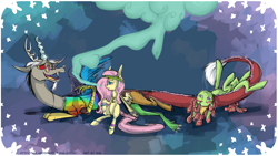 Size: 2133x1200 | Tagged: safe, artist:lonerdemiurge_nail, derpibooru import, discord, fluttershy, tree hugger, draconequus, earth pony, pony, bloodshot eyes, clothes, female, glasses, hippieshy, implied drug use, jewelry, male, mare, necklace, peace symbol, shirt, smoke, t-shirt, trio