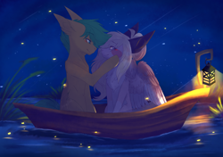Size: 1900x1337 | Tagged: safe, artist:primarylilybrisk, derpibooru import, oc, oc only, earth pony, firefly (insect), insect, pegasus, pony, blushing, boat, chest fluff, colored ears, duo, female, lantern, looking at each other, male, mare, night, night sky, outdoors, signature, sitting, sky, stallion
