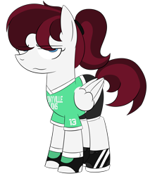 Size: 3400x4000 | Tagged: safe, alternate version, artist:pencilsparkreignited, derpibooru import, oc, oc only, oc:maxwell striker, pegasus, pony, alternate hairstyle, blue eyes, cleets, clothes, female, football, futbol, gloves, goalie, goalkeeper, gym shorts, jersey, mare, maroon mane, ponytail, simple background, sports, teenager, transparent background, two toned mane, uniform, white coat