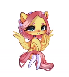 Size: 1648x1849 | Tagged: safe, artist:ijustmari, derpibooru import, fluttershy, pegasus, pony, alternate hairstyle, beanbrows, chibi, choker, clothes, eyebrows, flower, flower in hair, simple background, socks, solo, thigh highs, white background