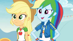 Size: 3410x1920 | Tagged: safe, derpibooru import, screencap, applejack, rainbow dash, better together, equestria girls, rollercoaster of friendship, applejack's hat, belt, clothes, cowboy hat, cutie mark, cutie mark on clothes, denim skirt, female, geode of super speed, geode of super strength, hand on hip, hat, high res, jewelry, magical geodes, necklace, open mouth, skirt