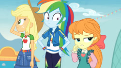 Size: 3410x1920 | Tagged: safe, derpibooru import, screencap, applejack, megan williams, rainbow dash, better together, equestria girls, rollercoaster of friendship, applejack's hat, belt, clothes, cowboy hat, cutie mark, cutie mark on clothes, denim skirt, female, geode of super speed, geode of super strength, hand on hip, hat, high res, jewelry, magical geodes, necklace, skirt