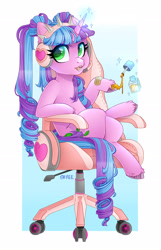 Size: 1920x2980 | Tagged: safe, artist:sk-ree, derpibooru import, oc, oc only, oc:ivy lush, pony, unicorn, chair, female, gaming chair, headphones, headset, hoof polish, levitation, looking at you, magic, mare, microphone, open mouth, sitting, solo, telekinesis, twintails