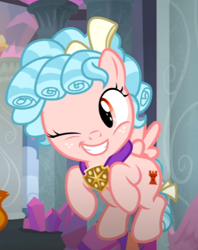 Size: 468x592 | Tagged: safe, derpibooru import, screencap, cozy glow, pegasus, pony, school raze, grin, one eye closed, smiling, solo, wink