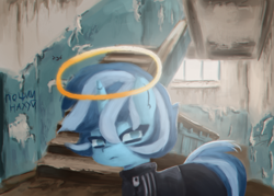 Size: 1778x1274 | Tagged: safe, artist:menalia, derpibooru import, oc, oc only, oc:freezy coldres, pony, unicorn, adidas, clothes, female, halo, horn, indoors, looking at you, mare, pants, russia, solo, staircase, stairs, text, tracksuit, window