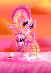 Size: 2100x3000 | Tagged: safe, artist:sixes&sevens, derpibooru import, princess cadance, goo, goo pony, original species, body horror, eldritch abomination, multiple limbs, ocean, ship, species swap, sunset, tentacle mane, tongue, tongue out, translucent