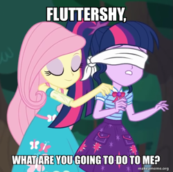 Size: 695x691 | Tagged: safe, derpibooru import, edit, edited screencap, screencap, fluttershy, sci-twi, twilight sparkle, better together, equestria girls, stressed in show, blindfold, caption, cropped, image macro, text