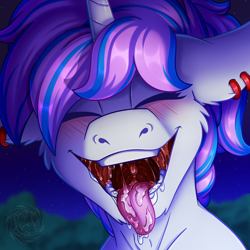 Size: 2500x2500 | Tagged: safe, artist:fkk, derpibooru import, oc, oc:purpleflare, pony, unicorn, blushing, drool, ear piercing, earring, jewelry, maw, mawshot, open mouth, piercing, salivating, tongue, tongue out, uvula