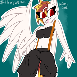 Size: 1280x1280 | Tagged: safe, artist:ukedideka, derpibooru import, oc, oc only, oc:lumen afterglow, anthro, pegasus, belly button, breasts, clothes, eye clipping through hair, female, simple background, smiling, solo, tongue, tongue out, wings