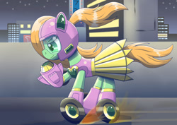 Size: 1280x906 | Tagged: safe, artist:trackheadtherobopony, derpibooru import, oc, oc:goldheart, pony, robot, robot pony, building, city, hoof cannon, roller skates, skating, solo, wheel