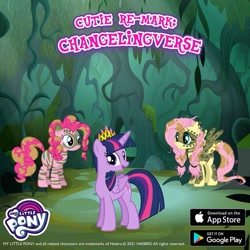 Size: 843x843 | Tagged: safe, derpibooru import, fluttershy, pinkie pie, twilight sparkle, twilight sparkle (alicorn), alicorn, the cutie re-mark, advertisement, alternate hairstyle, alternate timeline, chrysalis resistance timeline, crown, gameloft, jewelry, new crown, official, regalia, tribal pie, tribalshy