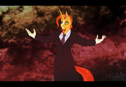 Size: 1200x824 | Tagged: safe, artist:sunny way, derpibooru import, sunburst, anthro, unicorn, art, artwork, boom, clothes, digital art, evil, evil sunburst, explosion, facial hair, goatee, grin, horn, looking at you, male, meme, necktie, pants, patreon, patreon reward, shirt, smiling, solo, suit, sunglasses, tony stark