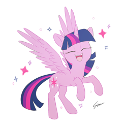 Size: 1000x1000 | Tagged: safe, artist:sion, derpibooru import, twilight sparkle, twilight sparkle (alicorn), alicorn, pony, cute, eyes closed, female, mare, open mouth, open smile, ponytober, rearing, simple background, smiling, solo, spread wings, twiabetes, weapons-grade cute, white background, wings