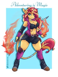 Size: 1800x2400 | Tagged: safe, artist:ambris, derpibooru import, sunset shimmer, anthro, unicorn, equestria girls, adventuring is magic, breasts, cleavage, clothes, dungeons and dragons, ear piercing, female, fiery shimmer, fire, magic staff, muscles, muscular female, pen and paper rpg, piercing, pouch, redraw, rpg, shoes, shorts, socks, sorcerer, sunset jiggler, vest