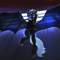 Size: 3000x3000 | Tagged: safe, artist:yanisfucker, derpibooru import, oc, oc only, bat pony, bat pony oc, belt, clothes, female, flying, glasses, looking at you, mare, solo, transparent wings, wings