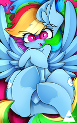 Size: 2894x4592 | Tagged: safe, artist:ahekao, derpibooru import, rainbow dash, pegasus, pony, angry, blushing, covering, embarrassed, female, lying down, on back, solo, underhoof