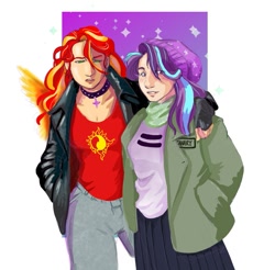 Size: 865x850 | Tagged: safe, artist:xaotl, derpibooru import, starlight glimmer, sunset shimmer, human, choker, clothes, female, humanized, jacket, jeans, lesbian, pants, partial background, shimmerglimmer, shipping, shirt