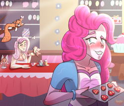 Size: 1920x1644 | Tagged: safe, artist:gtu48, derpibooru import, fluttershy, pinkie pie, bird, fox, equestria girls, blushing, cookie, female, flutterpie, food, heart, lesbian, shipping