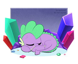 Size: 1323x1094 | Tagged: safe, artist:syrupyyy, derpibooru import, spike, dragon, crystal, cute, male, ponytober, sleeping, solo, spikabetes