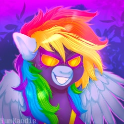 Size: 3500x3500 | Tagged: safe, artist:yumkandie, derpibooru import, rainbow dash, pegasus, pony, clothes, costume, female, goggles, grin, shadowbolt dash, shadowbolts costume, smiling, solo