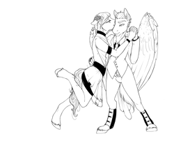 Size: 2000x1612 | Tagged: safe, artist:royvdhel-art, derpibooru import, oc, oc only, anthro, pegasus, unguligrade anthro, bottomless, clothes, dancing, dress, featureless crotch, flower, flower in hair, lineart, monochrome, nudity, oc x oc, partial nudity, pegasus oc, shipping, suit, unshorn fetlocks, wings